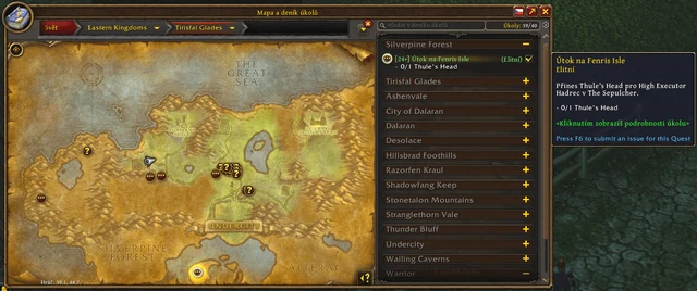 Mapa a deník úkolů s českým tooltipem Útok na Fenris Isle.